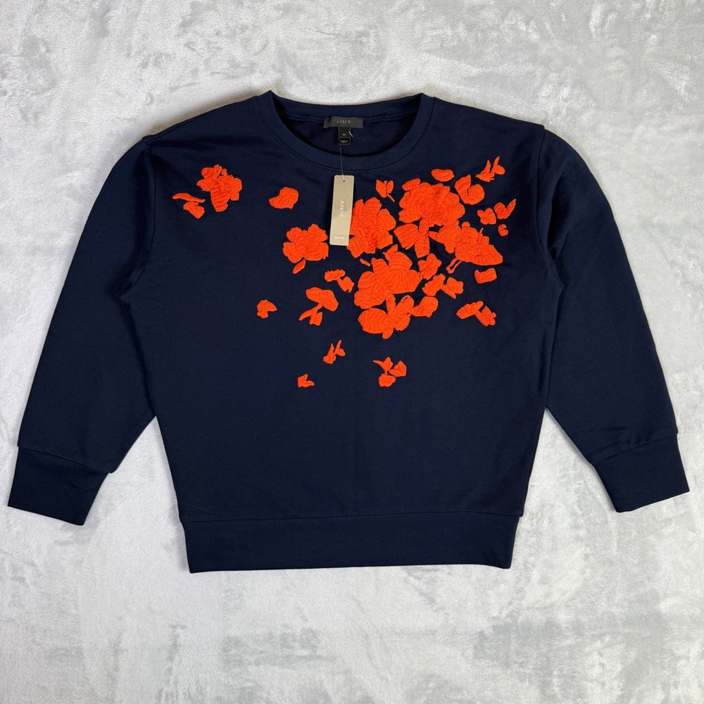 J.Crew Sweatshirt Women Medium Navy Orange Floral Embroidered
